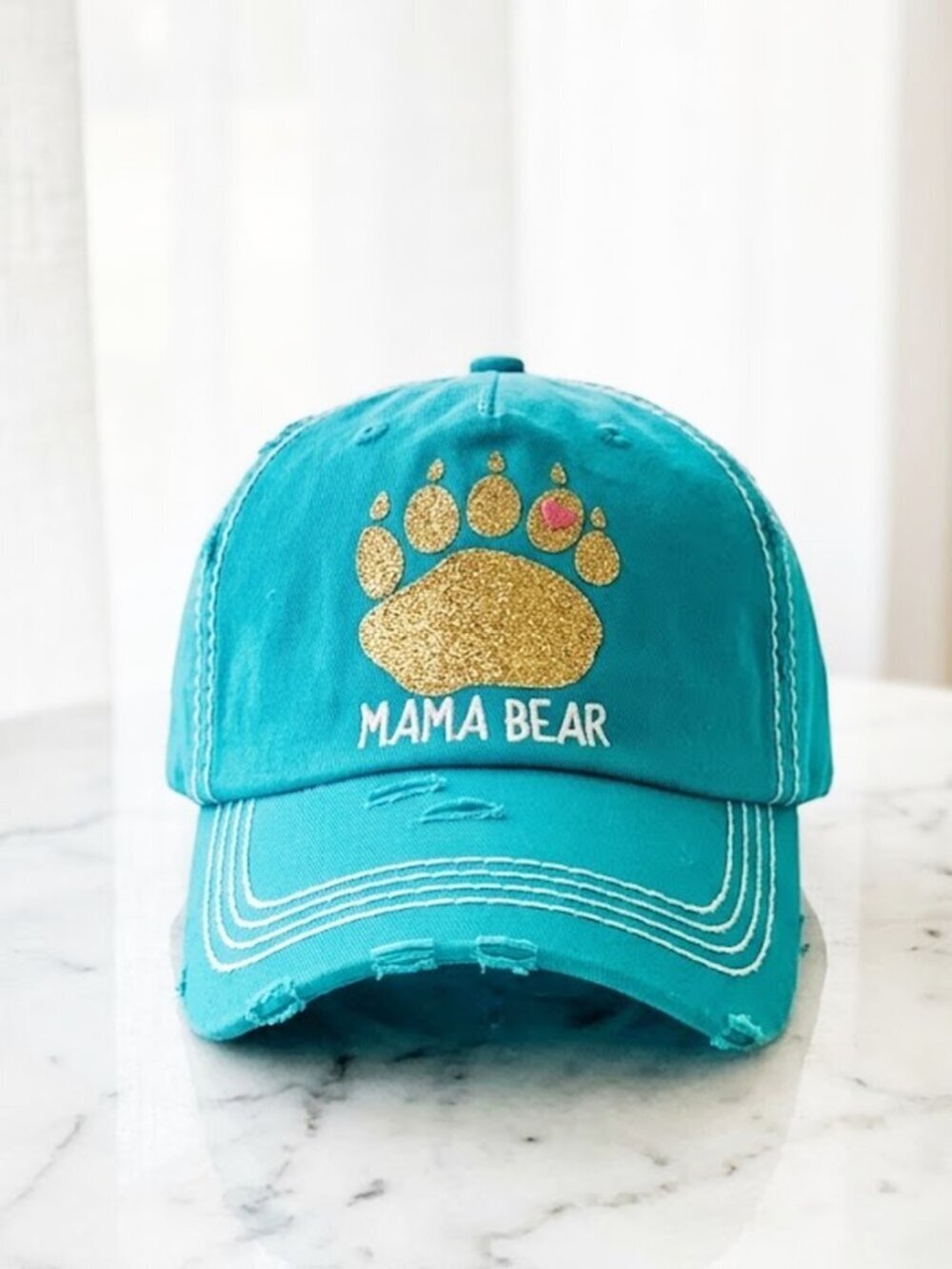 Ladies Teal Mama Bear Glitter Paw Print Basball Hat